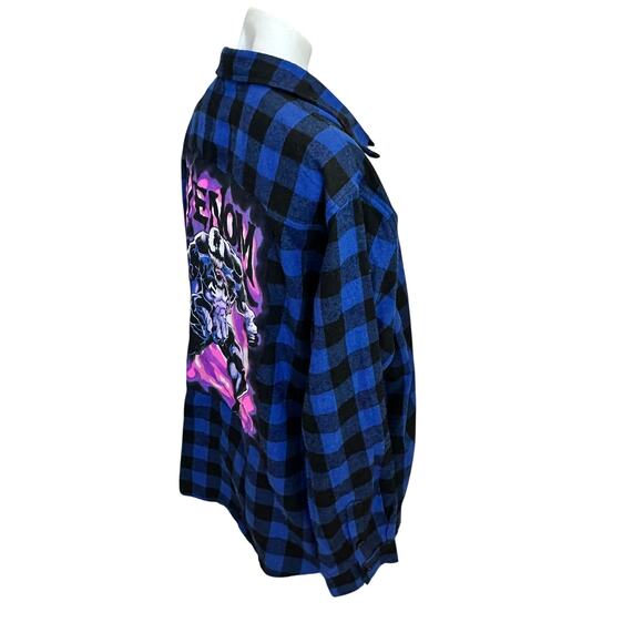 Venom Plaid Flannel Shirt XL Oversize Shacket Upcycle Unique Marvel Comic Purple - Picture 3 of 6